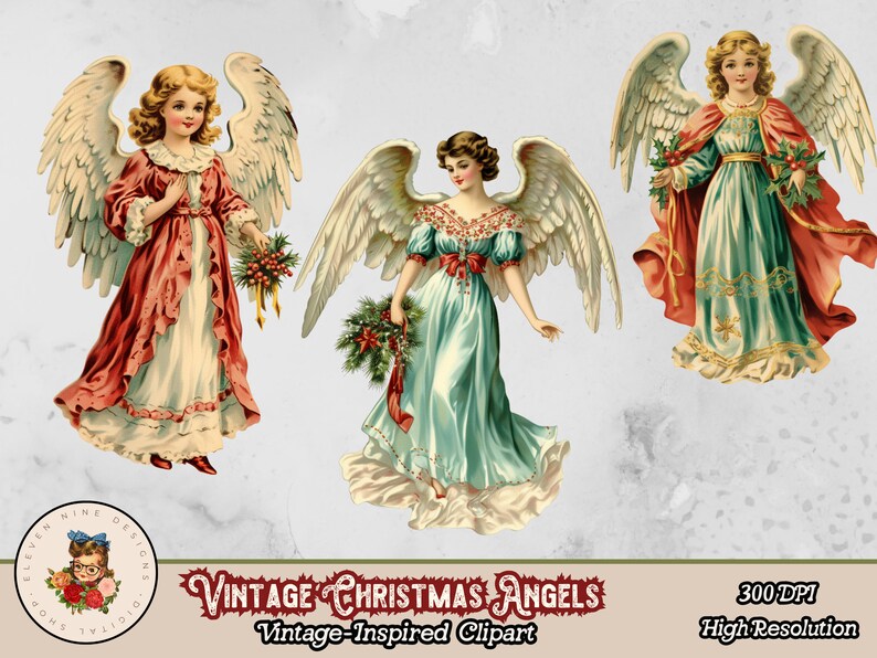 May include: Three vintage Christmas angels with wings, each wearing a different colored dress. The angel on the left is wearing a red and white dress, the angel in the middle is wearing a blue and white dress, and the angel on the right is wearing a green and white dress.