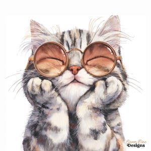 May include: A watercolour illustration of a tabby cat wearing round, brown-tinted sunglasses. The cat has its eyes closed and paws under its chin, with the text "Eleven Nine Designs" in the bottom right corner.