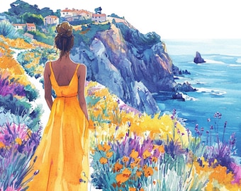 Woman Traveler Clipart, Mediterranean Coastal Vacation Illustrations, Watercolor Printable (JPG)
