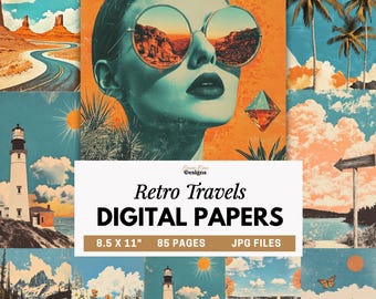Retro Travel Digital Papers, Vintage Road Trip Collage, Summer Vacation Junk Journal, Scenic Landscape Printable Paper, Mountain Lake Desert
