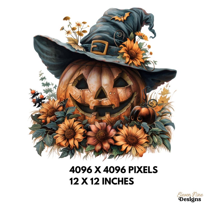 Pumpkin Witch Hat PNG, Halloween Jack O Lantern With Flowers, Fall ...