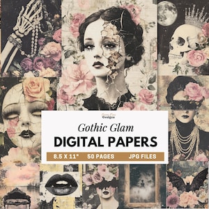 Peut inclure: Une collection de papiers numériques avec des images gothiques incluant des visages en porcelaine craquelée, des crânes, des squelettes, des roses et des chauves-souris. Le texte central indique : "Liana Nine Designs Gothic Glam DIGITAL PAPERS 8.5 X 11" 50 PAGES JPG FILES".