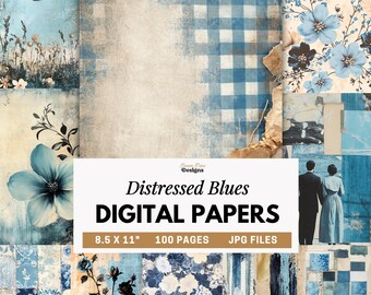 Blue Digital Papers, Distressed Blue Junk Journal Pages, Vintage Blue Scrapbook Paper, Blue Floral Backgrounds, Printable Paper Pack