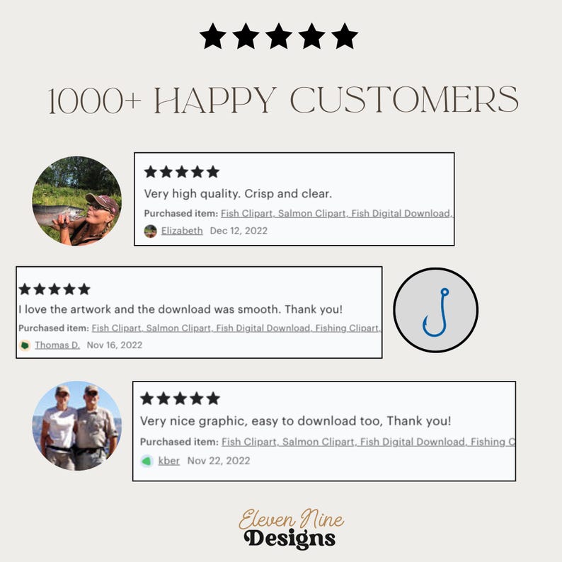 May include: Five star reviews for a digital download of a fish clipart. The reviews highlight the high quality, ease of download, and overall satisfaction of the customers. The text includes the names of the customers and the dates of their reviews.