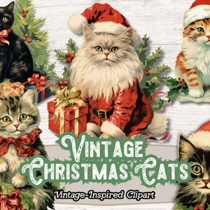 Noël chat Clipart, chaton PNG, Clipart de Noël vintage, mignons chats chatons, téléchargement numérique instantané pour l’artisanat numérique, artisanat en papier