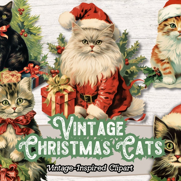 Christmas Cat Clipart, Kitten PNG, Vintage Christmas Clipart, Cute Cats Kittens, Instant Digital Download for Digital Crafts, Paper Crafts