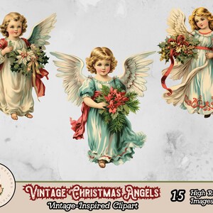 May include: Three vintage Christmas angels with wings, holding holly and flowers. The angels are wearing white and blue dresses with red sashes. The image is titled "Vintage Christmas Angels" and says "15 High Resolution Images Included".