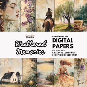 Verweerde herinneringen digitaal papier, vintage ephemera vintage grunge, rustieke achtergronden voor ongewenste tijdschriften, oud papier afdrukbare set Cottagecore, plakboek
