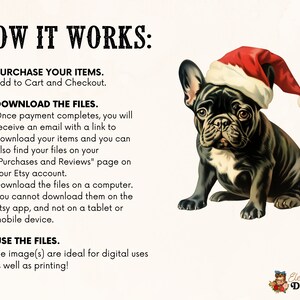 May include: A black and white illustration of a French bulldog wearing a red Santa hat. The text "HOW IT WORKS" is at the top of the image. The text below the image says "Eleven Nine Designs".