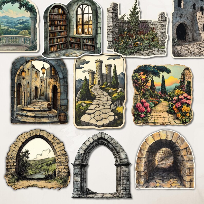 Pu&ograve; includere: Una collezione di adesivi ad acquerello con elementi architettonici e paesaggi. Include immagini di archi in pietra, sentieri del castello, una biblioteca e una scena di giardino. Gli adesivi hanno un'estetica vintage e da fiaba.