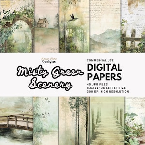 Papel digital de bosque verde: fondos de scrapbooking de estilo cottagecore con temática de bosque, efímeras vintage de naturaleza en formato JPG, impresión en papel de diario con acuarela grunge.