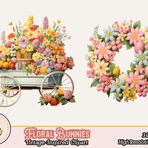 May include: A vintage illustration of a floral arrangement in a white wagon with wheels and a floral wreath. The wagon is filled with pink, yellow, and white flowers. The wreath is made of pink, white, and blue flowers. The flowers are surrounded by green leaves.