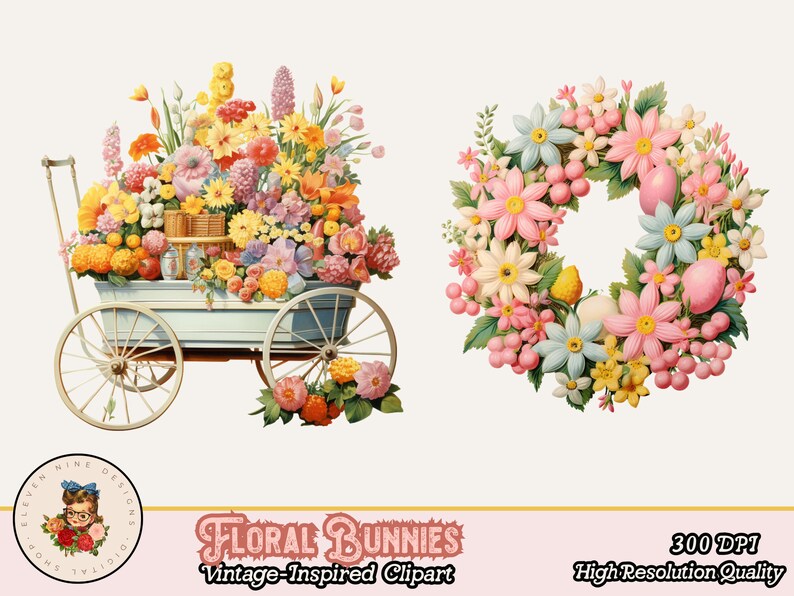 May include: A vintage illustration of a floral arrangement in a white wagon with wheels and a floral wreath. The wagon is filled with pink, yellow, and white flowers. The wreath is made of pink, white, and blue flowers. The flowers are surrounded by green leaves.