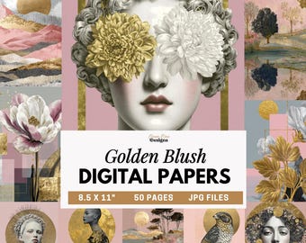 Vintage Digital Paper, Collage Art, Surreal Backgrounds, Pink and Gold Vintage Prints for Junk Journals, Printable Scrapbook Papers