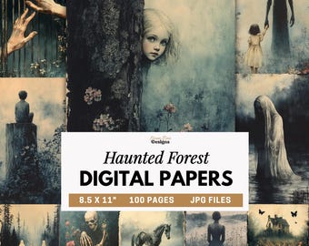 Haunted Forest Digital Papers, Gothic Woodland Art Backgrounds, Spooky Scrapbook Pages, Dark Fairytale Junk Journal Ephemera Printables
