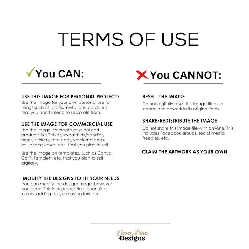 May include: A graphic with a green checkmark and a red X, outlining the terms of use for an image. The text reads "You CAN:" and "You CANNOT:" with a list of permitted and prohibited uses for the image.