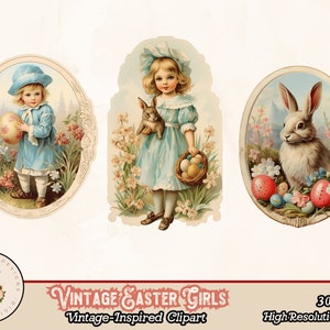 Puede incluir: Tres ilustraciones vintage con tem&aacute;tica de Pascua. Una ni&ntilde;a con un vestido azul sostiene una cesta de huevos, otra ni&ntilde;a con un vestido azul sostiene un solo huevo y un conejo blanco se sienta con una cesta de huevos.