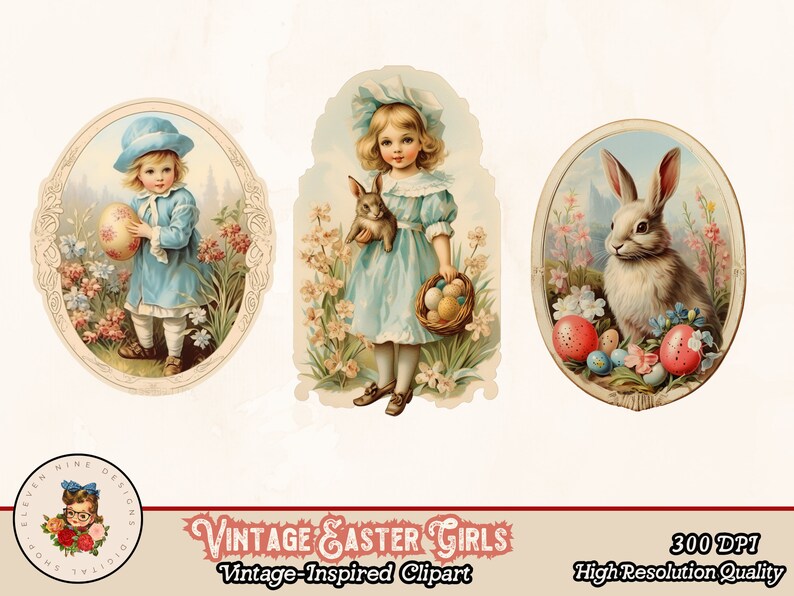 Puede incluir: Tres ilustraciones vintage con tem&aacute;tica de Pascua. Una ni&ntilde;a con un vestido azul sostiene una cesta de huevos, otra ni&ntilde;a con un vestido azul sostiene un solo huevo y un conejo blanco se sienta con una cesta de huevos.