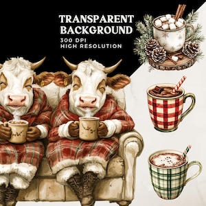 May include: A watercolour illustration depicts two cows in red plaid robes, seated on a sofa, drinking from mugs. The image includes additional mugs of hot chocolate and text that reads "TRANSPARENT BACKGROUND" and "300 DPI HIGH RESOLUTION".