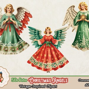 May include: Three vintage Christmas angel illustrations with red, green, and white dresses and wings. The angels are holding a star, a cross, and a bouquet of flowers.