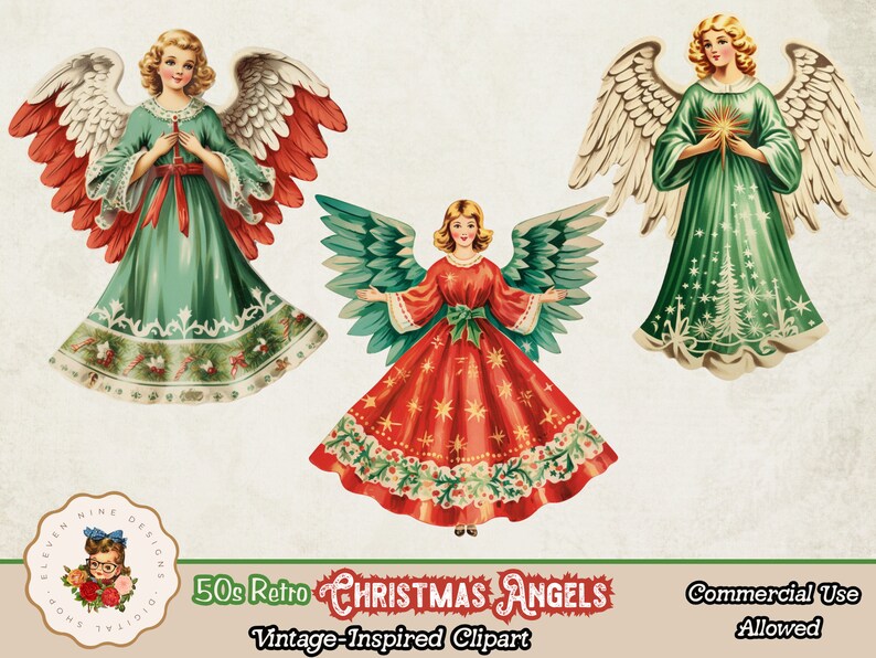 May include: Three vintage Christmas angel illustrations with red, green, and white dresses and wings. The angels are holding a star, a cross, and a bouquet of flowers.