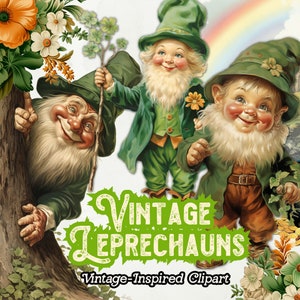 Może przedstawiać: Trzech leprechaunów w stylu vintage z zielonymi kapeluszami i ubraniami, jeden trzymający garnek złota, drugi trzymający koniczynę, a trzeci zaglądający zza drzewa. Obraz ma tęczę w tle i zamek w oddali.