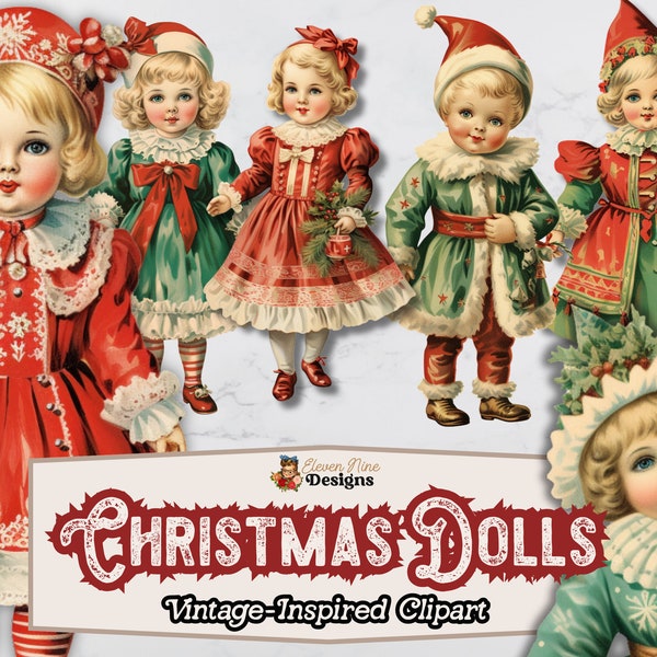 Vintage Dolls Clipart, Christmas Dolls, Antique Dolls, Paperdolls PNG, Commercial Use, for Scrapbooks, Journals, Digital Download