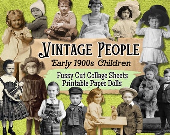 Ephemera digitale vintage, Ephemera taglio pignolo digitale, Junk Journal, Vintage bambini, Ephemera Printable, Fussy cut People, Collage Sheet
