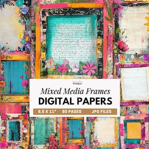 Mixed Media Collage Frames, Frame Digital Papers, Colorful Floral Scrapbook Paper, Junk Journal Pages, Whimsical Art Journal Backgrounds