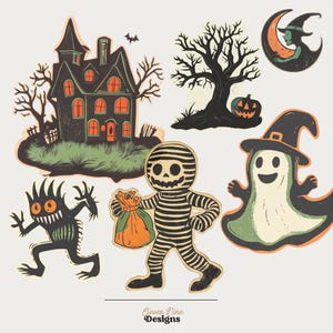 Puede incluir: Una colecci&oacute;n de ilustraciones con tem&aacute;tica de Halloween que incluye una casa encantada, un &aacute;rbol desnudo con una calabaza, una bruja en una luna creciente, un monstruo espinoso, una momia con una bolsa y un fantasma. Texto Eleven Nine Designs.