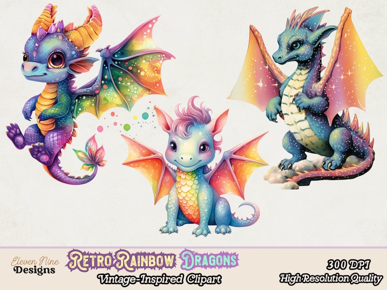 Retro Rainbow Dragons PNG, Fantasy Dragon PNG, Magical Fairytale Cute ...