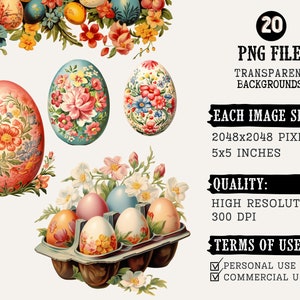 K&ouml;nnte beinhalten: Digitales Kunstbild mit mehreren verzierten Ostereiern mit floralen Designs. Die Eier sind in verschiedenen Farben, darunter Rosa, Blau und Wei&szlig;, und sind von Blumen umgeben. Das Bild enth&auml;lt auch den Text "20 PNG FILES" und "5x5 INCHES".