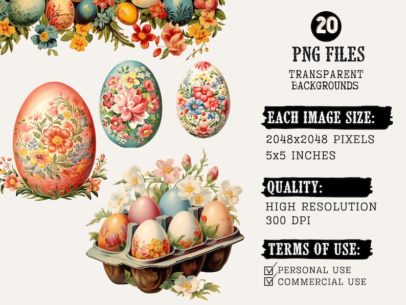 K&ouml;nnte beinhalten: Digitales Kunstbild mit mehreren verzierten Ostereiern mit floralen Designs. Die Eier sind in verschiedenen Farben, darunter Rosa, Blau und Wei&szlig;, und sind von Blumen umgeben. Das Bild enth&auml;lt auch den Text "20 PNG FILES" und "5x5 INCHES".