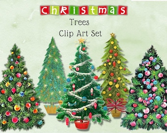 Christmas Tree Clipart PNG, Tree Clipart, Retro Vintage Christmas, Decorated Tree with Gifts, Tree graphics, Tree PNG, Christmas Clipart