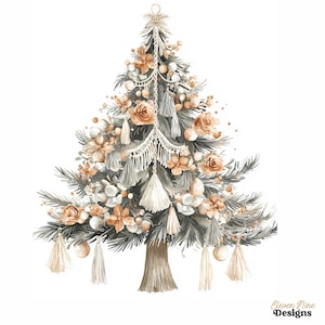 May include: Watercolor illustration of a Christmas tree decorated with beige roses, white ornaments, and tassels. The tree has a macrame garland and gold accents. The tree is on a white background. The text "Eleven Nine Designs" is in the bottom right corner.