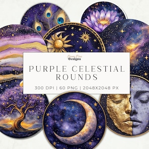 May include: A collection of purple celestial round designs featuring watercolor illustrations of a peacock feather, a lotus flower, a sun, a moon, a face, and a tree. The text reads "Purple Celestial Rounds".