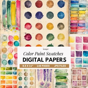 Peut inclure: Une collection de papiers numériques présentant des échantillons de peinture aquarelle sous diverses formes, notamment des cercles, des carrés et des coups de pinceau. Le texte indique Color Paint Swatches DIGITAL PAPERS 8.5 X 11" 140 PAGES JPG FILES et Liana Nine Designs.