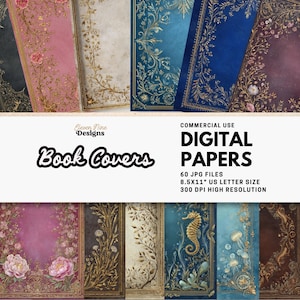 Puede incluir: Colección de portadas de libros digitales con diseños florales y botánicos ornamentados en varios colores, incluyendo rosa, azul y dorado. La imagen incluye el texto "Book Covers" y "Digital Papers". Las portadas miden 21,59 cm x 27,94 cm.