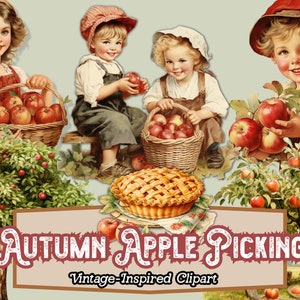 Cueillette de pommes des cliparts, pomme PNG, récolte d'automne d'automne, graphiques de verger de pommiers, clipart vintage, pour le scrapbooking, journaux, téléchargement numérique