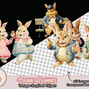 May include: Five vintage illustrations of cartoon bunnies. Two bunnies are wearing dresses and dancing. One bunny is wearing a suit and sitting on a bench. Two bunnies are wearing suits and standing. All bunnies have a cheerful expression.