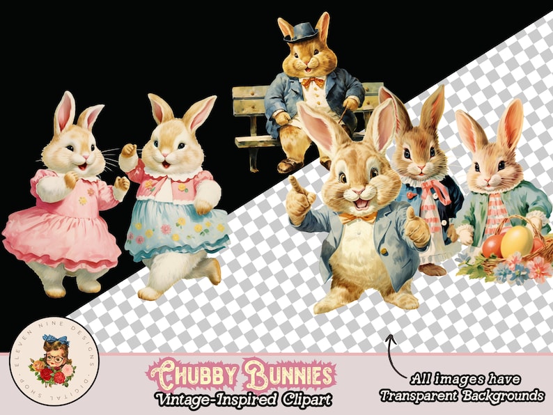 May include: Five vintage illustrations of cartoon bunnies. Two bunnies are wearing dresses and dancing. One bunny is wearing a suit and sitting on a bench. Two bunnies are wearing suits and standing. All bunnies have a cheerful expression.