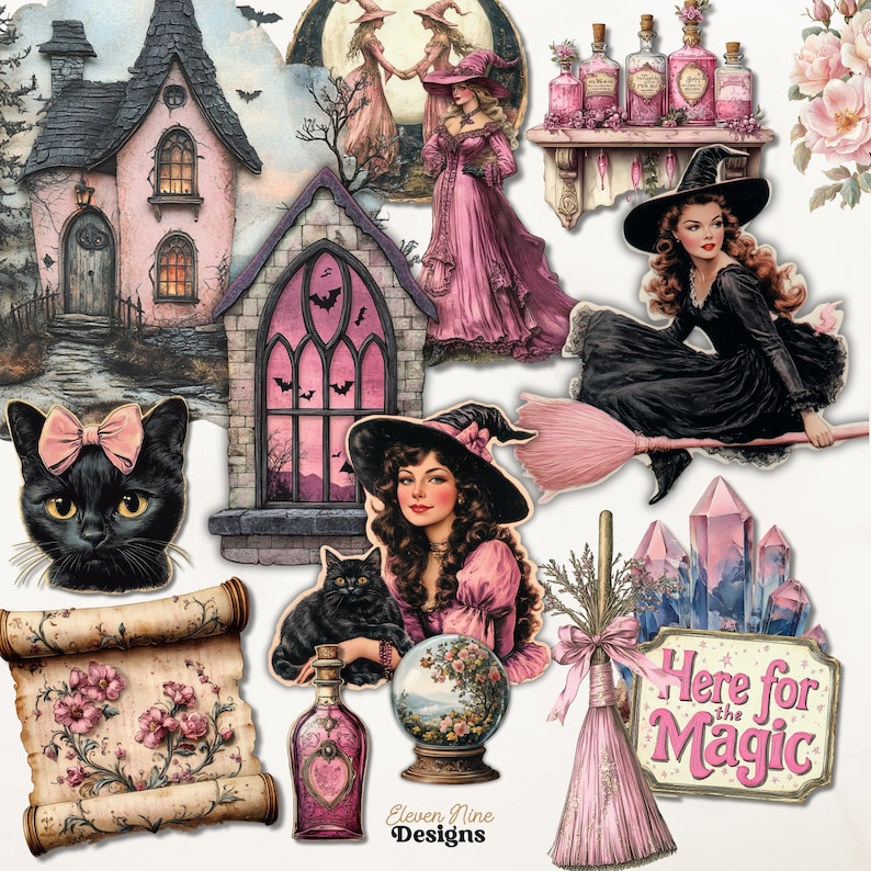 Op de afbeelding: Een verzameling digitaal scrapbookpapier met een roze en zwarte kleurstelling met een heks, een huis, een kat, een bezem en een kristal. De tekst "Here for the Magic" is in de afbeelding opgenomen.