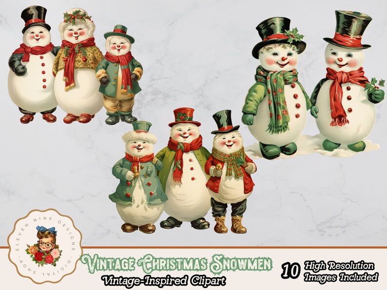 Christmas Snowmen Digital Clipart, Cute Snowmen Clipart PNG, Vintage ...