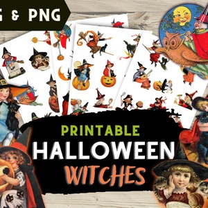 May include: Printable Halloween Witch Clipart set.  The set includes images of witches, cats, owls, and pumpkins.  The images are in a vintage style and are perfect for scrapbooking, card making, and other crafts.  JPG & PNG.
