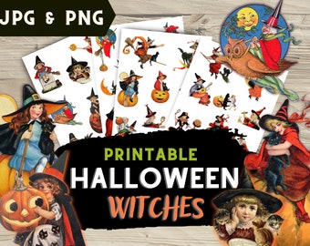Witch Ephemera, Fussy Cut Halloween, Vintage Halloween, Vintage Witch, Halloween Printable, Halloween Ephemera Junk Journals PNG JPG