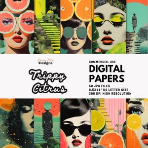 Psychedelische Zitrus Digitales Papier – Retro Pop Art Früchte Collage, Trippy Sommer Printables, surreale Vintage Porträts, Lofi Hintergründe, JPGs