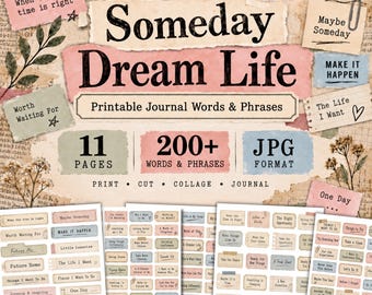 Dream Life Journal Words, Printable Collage Words, Vision Board Quotes, Scrapbook Ephemera, Someday Journal Future Phrases, Digital Download