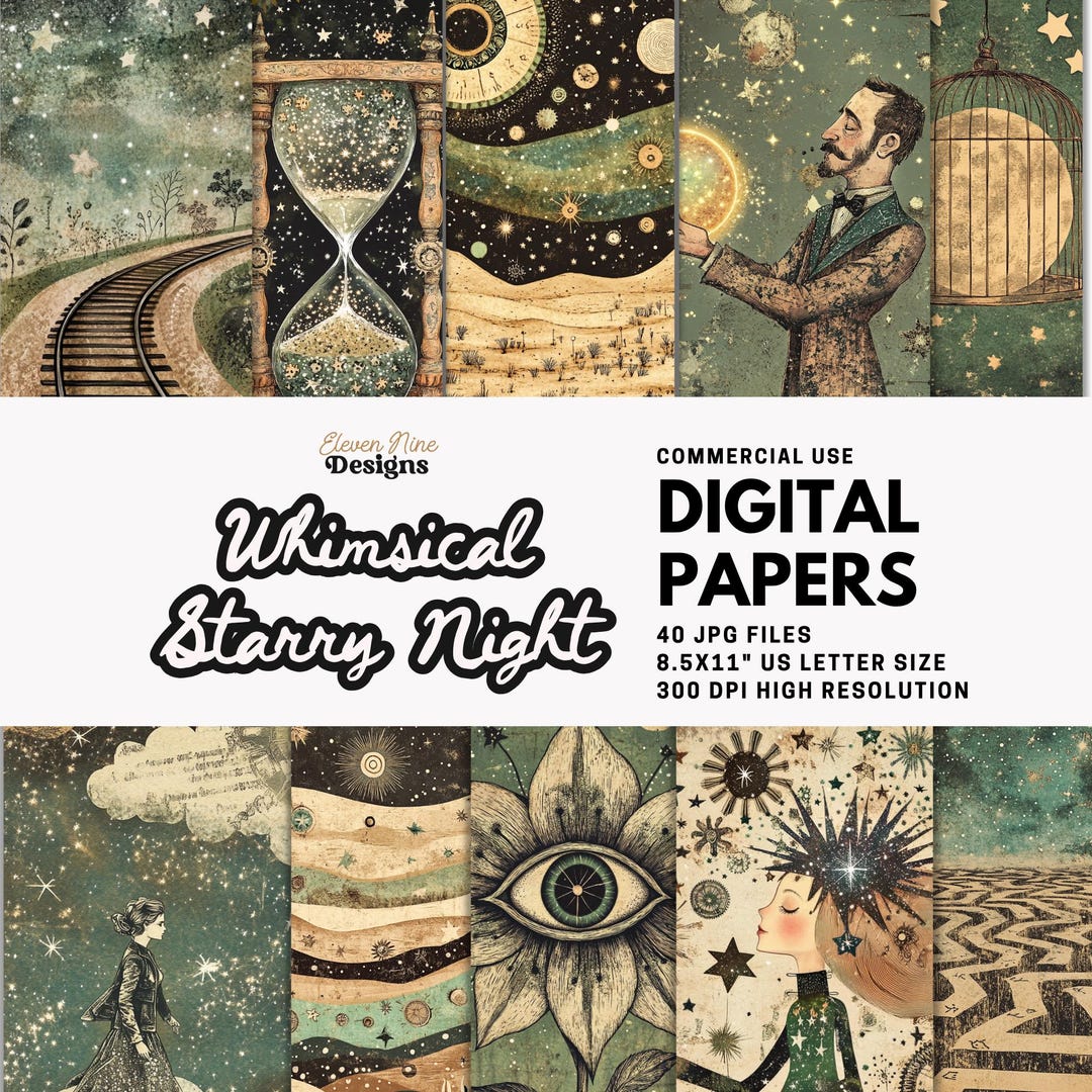 Whimsical Starry Night Digital Paper, Celestial Scrapbook Backgrounds ...