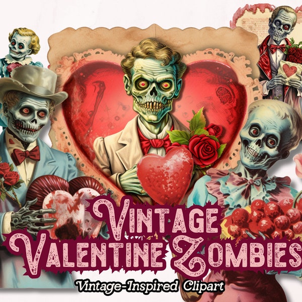 Valentines Clipart, Zombie PNG, Zombie Valentine Digital Download, Gothic Valentines, Halloween Valentines Day, for Commercial Use