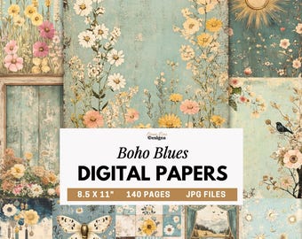 Boho Digital Paper, Vintage Floral Boho Junk Journal, Distressed Blue Scrapbook Paper, Bohemian Backgrounds, Instant Digital Download